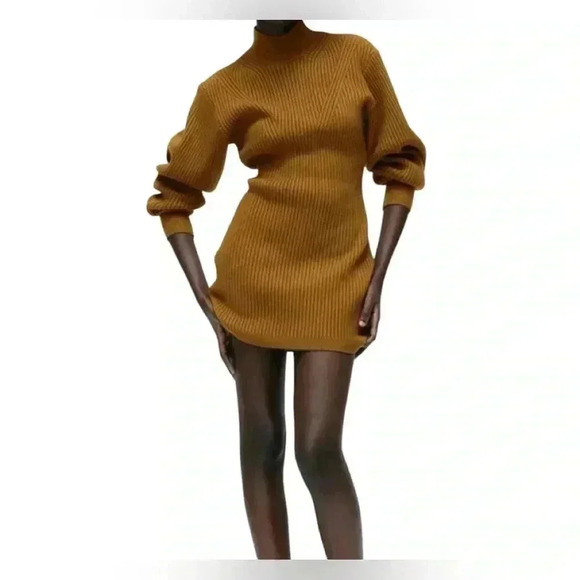 Mock neck sweater ribbed dress SZ M caramel never worn H&M - Picture 1 of 9